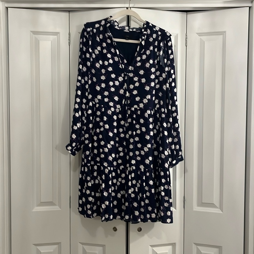 J Crew dress - navy with cream and purple flowers, long sleeve